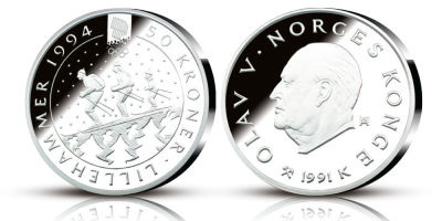 OL-sølvmynt nr. 1 Familie på tur - 50 kroner sølv - utgitt 1991